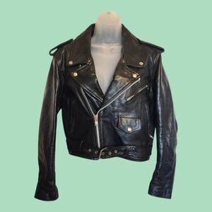 Vintage 80s 90s BONUS Genuine Leather Biker Jacket Small Black Motorcycle Moto